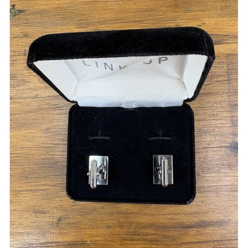 LINK UP Men's Cufflinks Purple Enamel Silver Tone Cage Grid Woven Boxed Vintage